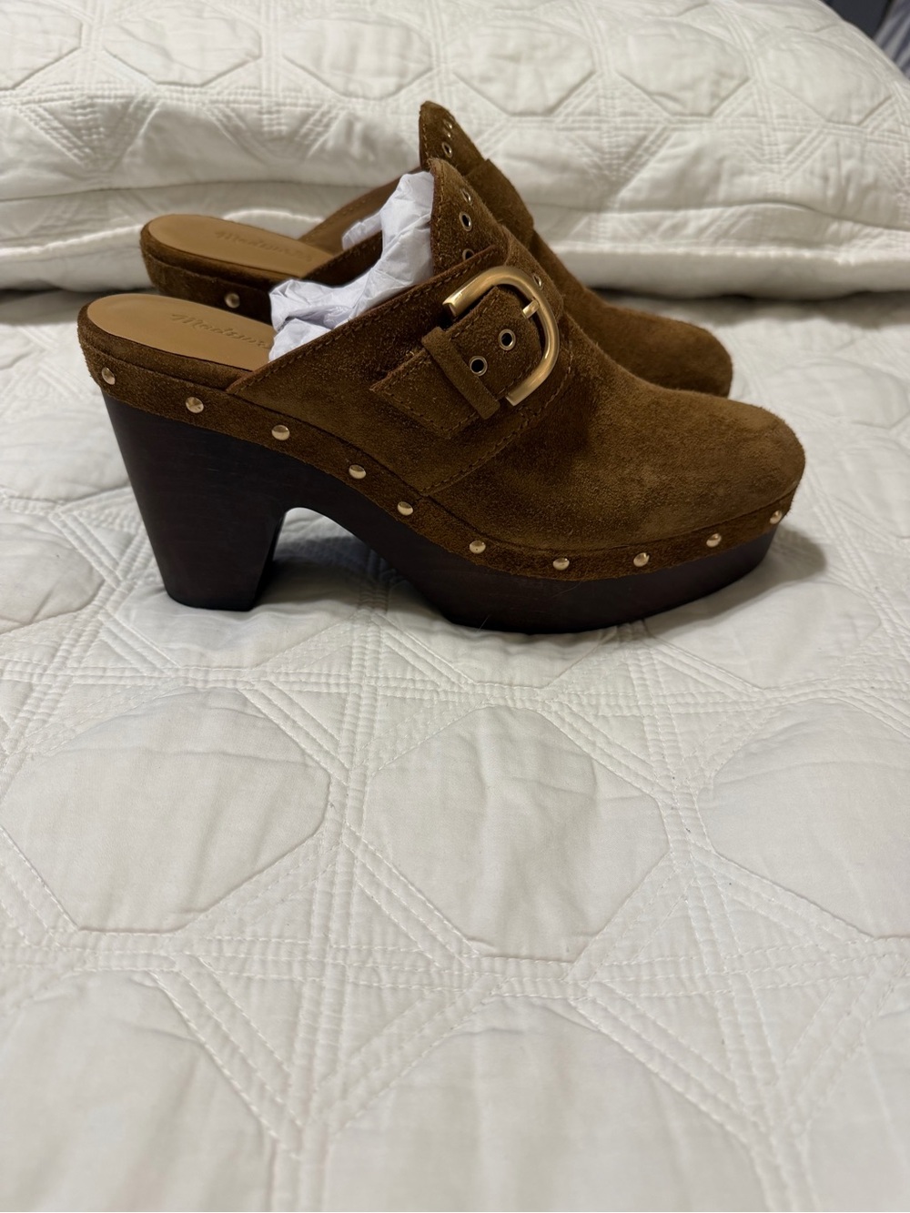 Madewell Brown Suede Studded Platform Clog with Buckle